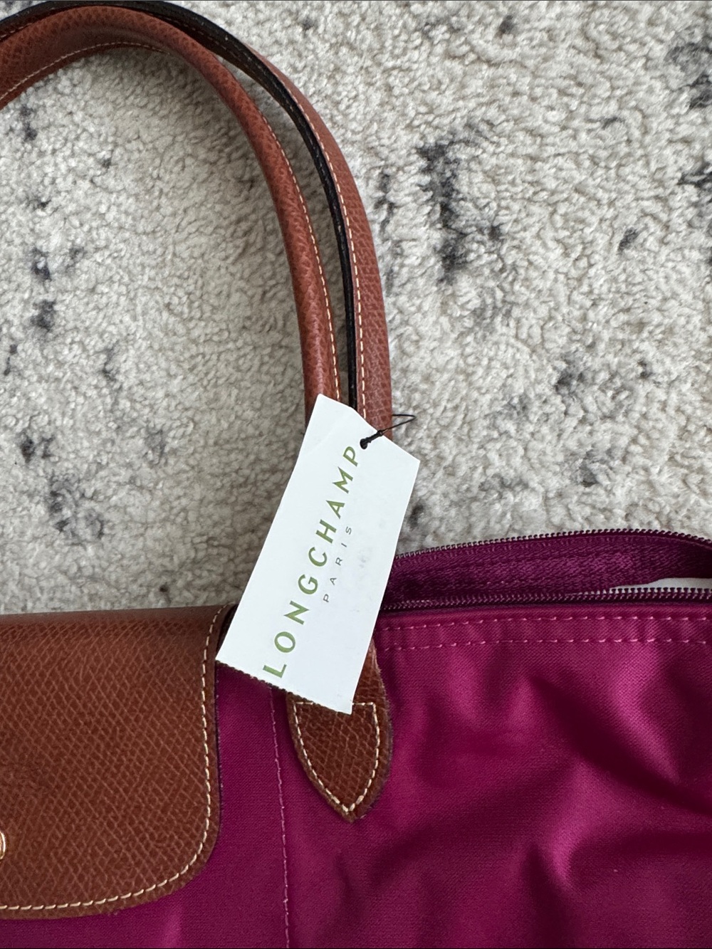 Longchamp Tote in Fuchsia with Brown Trim - Picture 3 of 3